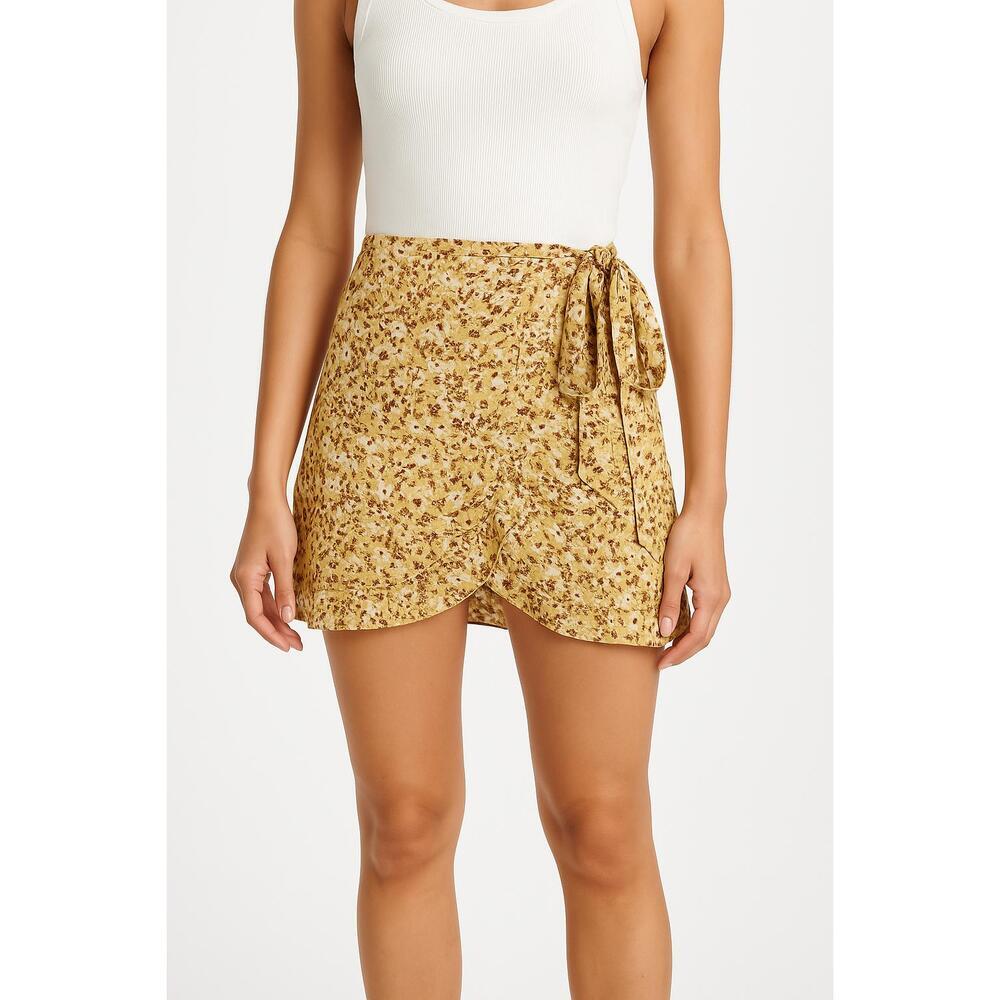 NEW Abercrombie & Fitch Yellow White Brown Floral Viscose Wrap Mini Skirt Size S